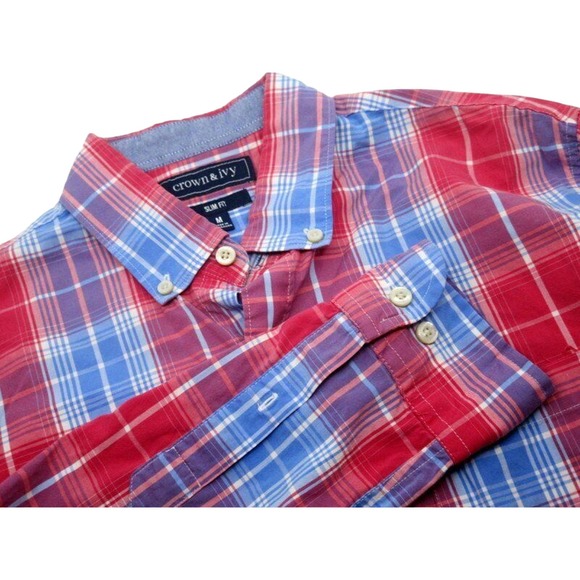 Crown & Ivy Slim Fit Men's LS Button Front Shirt Pink Blue White Striped Plaid M - Picture 1 of 5